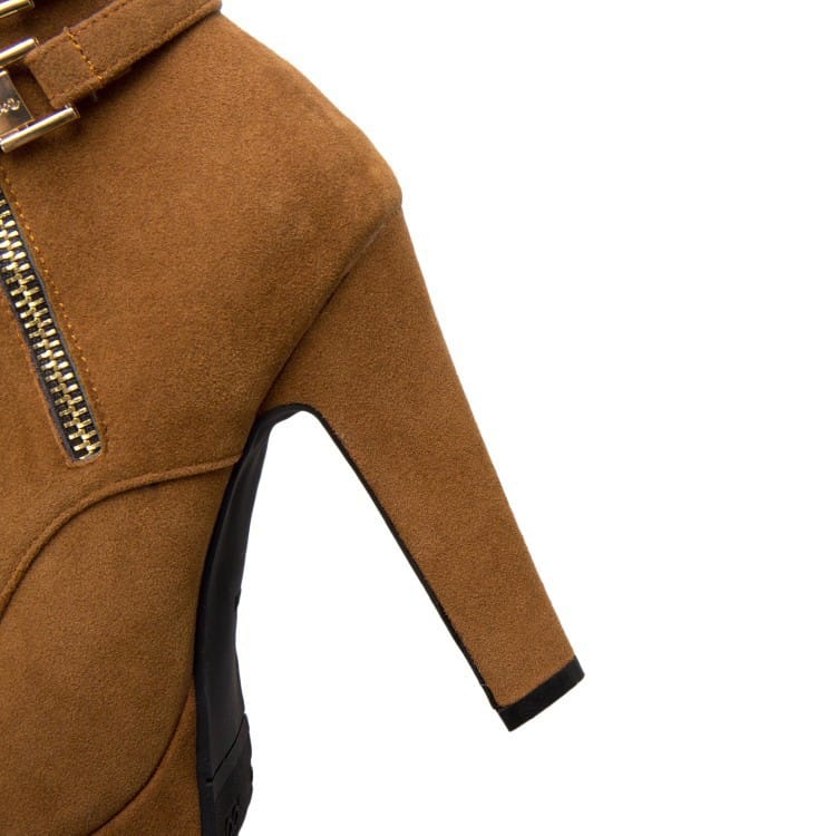 Brown suede short ankle boots with chunky heel and zipper, perfect for drag queens.