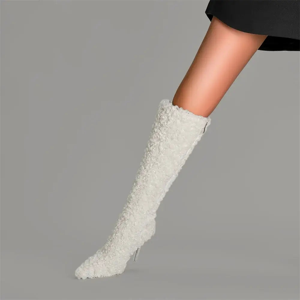 Bottes à bout pointu pour femmes en imitation laine pour le genou