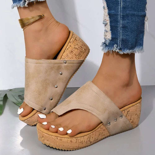 Ladies Between Toe Faux Leather Wedge Heel Summer Sandals