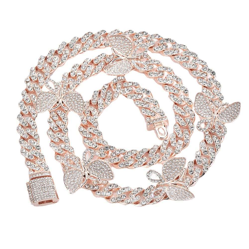 Ladies Iced Out Butterfly Cuban Chain 15mm Geometric HipHop Necklace Jewelry