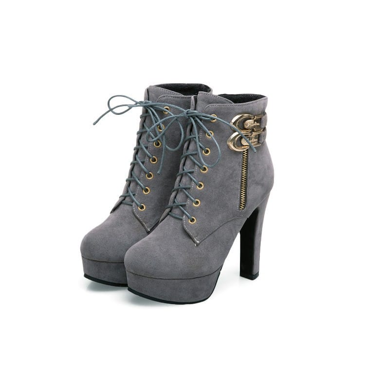 Gray suede laced platform short ankle boots with side zipper for crossdressers and drag queens.