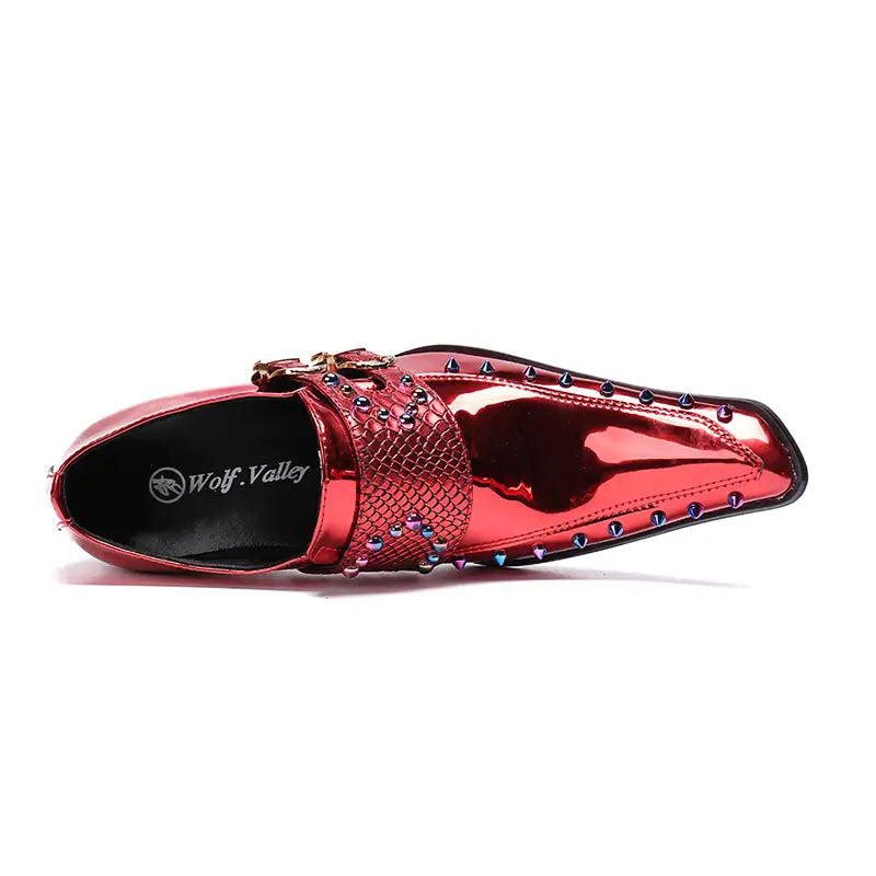 Metallic red dress shoe with woven strap, perfect for stylish embossed leather men’s looks.