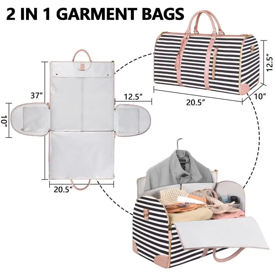 Stylish Portable Foldable Suit Bag transforms into a duffle and garment bag for travel.