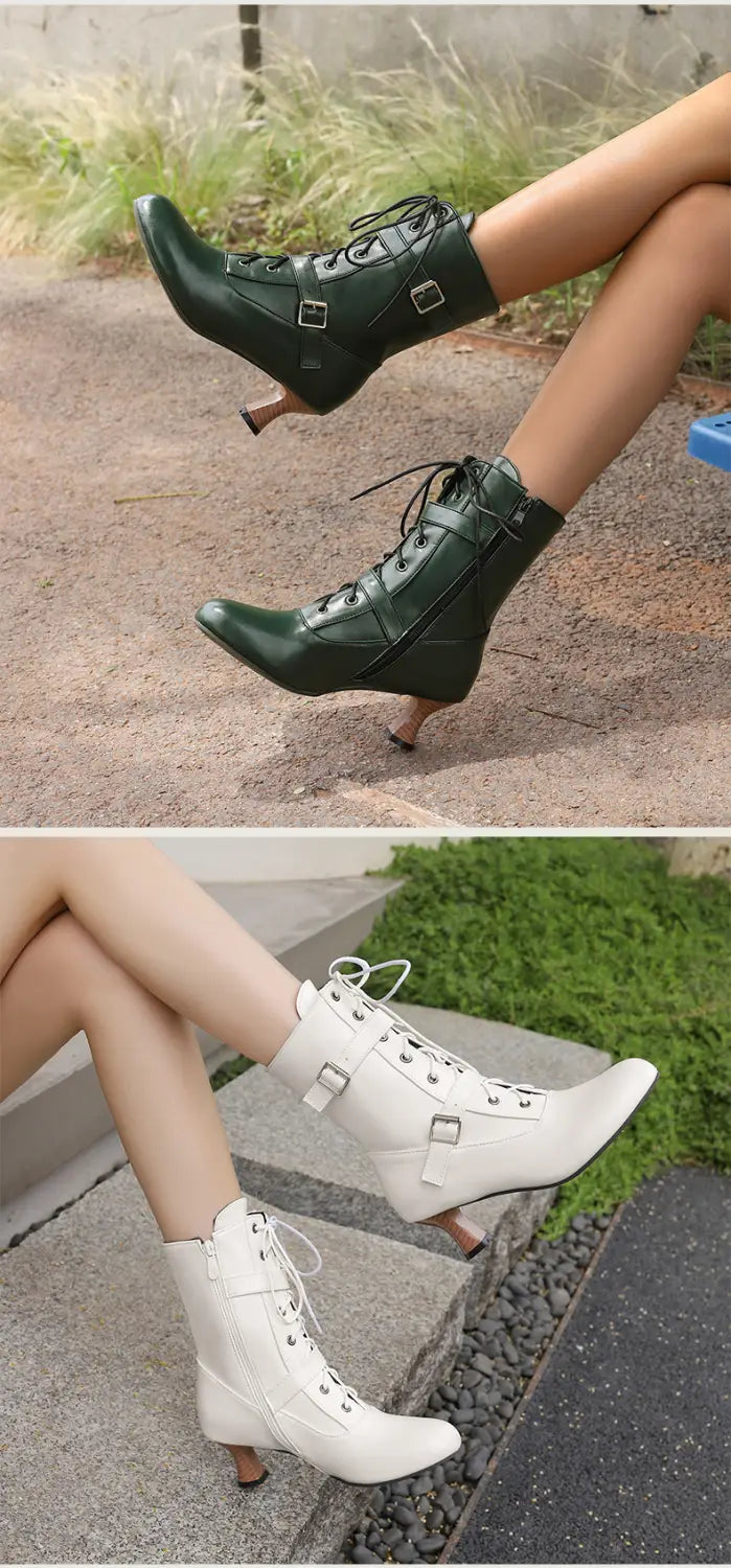 Schnürstiefeletten im viktorianischen Stil mit mittlerem Absatz in Schwarz und Weiß für trendige Damen.