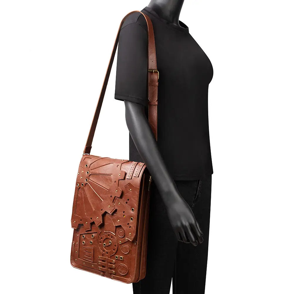 Brown Steampunk Retro Leather Shoulder Bag with unique embossed designs, natural yellow accents.