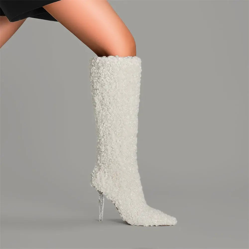 Bottes à bout pointu pour femmes en imitation laine pour le genou