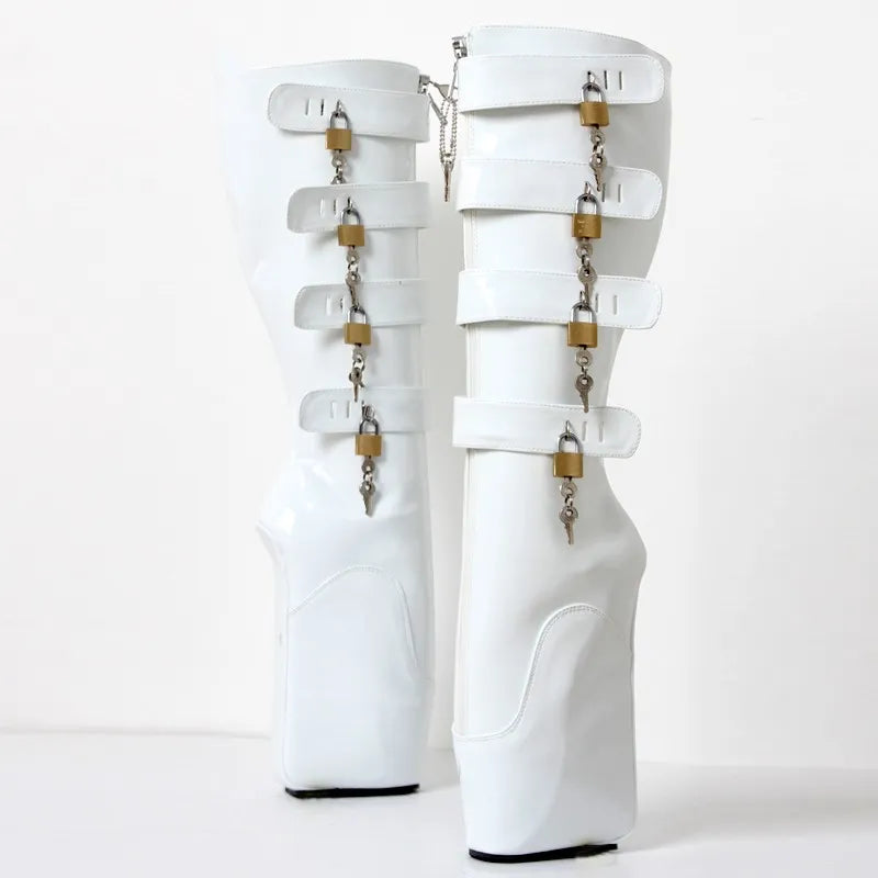 White Frontless Bondage Unisex Knee Length Ballet Platform Boots