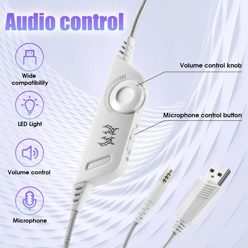 Weiße Audio-Steuereinheit für Head-Mounted-Gaming-Headset mit USB- und Mikrofonfunktionen.