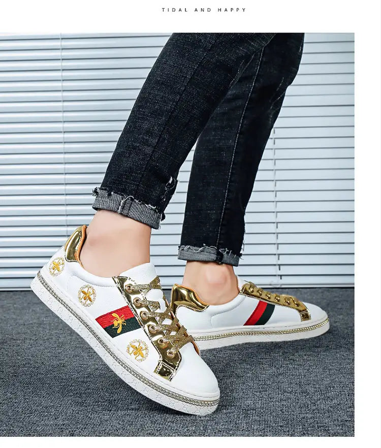Stylish White Gucci Sneakers with Stripes and Gold for Trendy Breathable Board Shoes