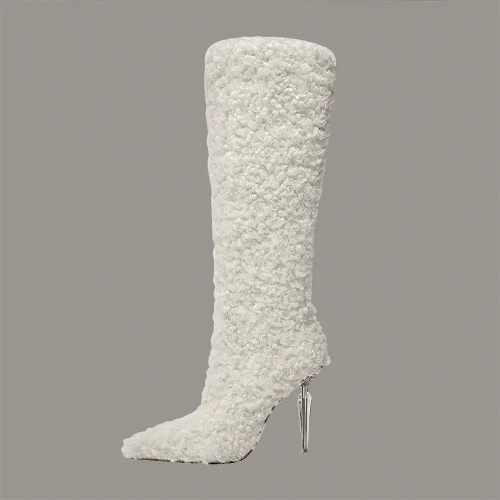 Bottes à bout pointu pour femmes en imitation laine pour le genou
