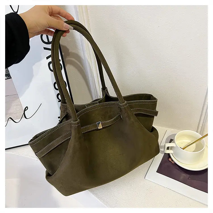Stylish Olive Green Suede Tote Bag with Impressive Large Capacity and Decorative Stitching