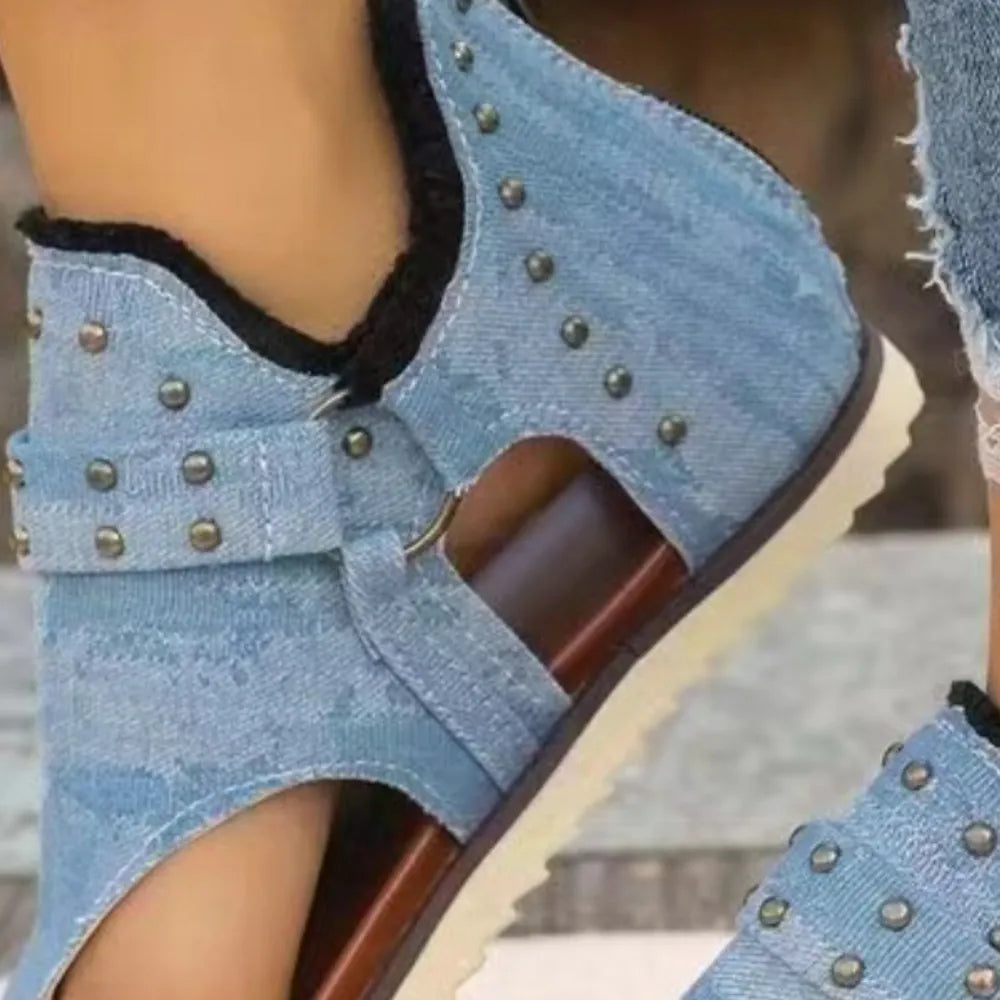 Studded Raw Hem Flat Open Toe Summer Denim Sandals