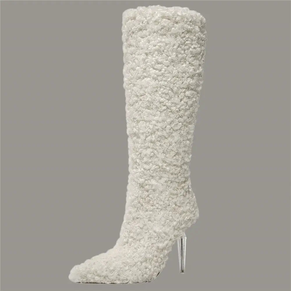 Bottes à bout pointu pour femmes en imitation laine pour le genou