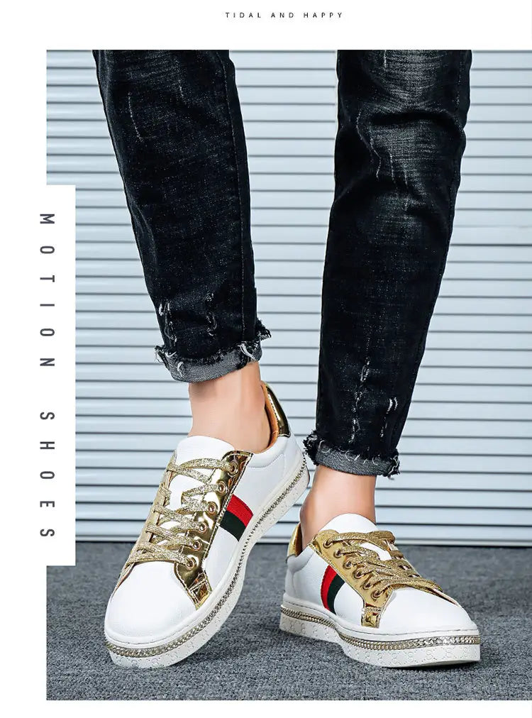 Trendy breathable board shoes with gold laces and floral design paired with distressed jeans.