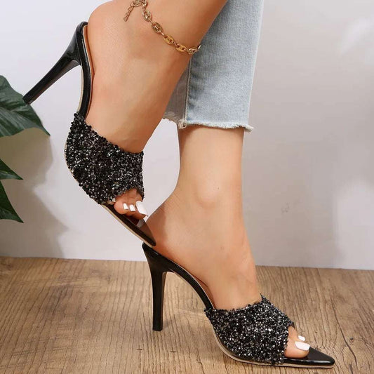 Ladies Sequin Detail Pointed Open Toe Mid Heel Backless Sandals