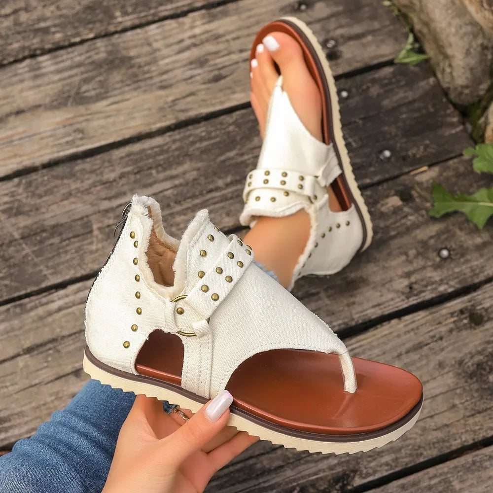 Studded Raw Hem Flat Open Toe Summer Denim Sandals