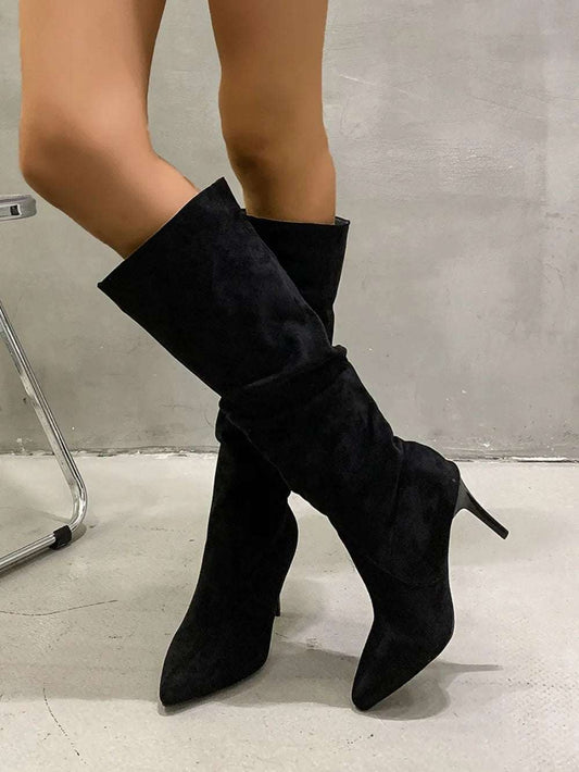 Faux Suede, Pointed Toe Low Heel Casual Zip Up Boots