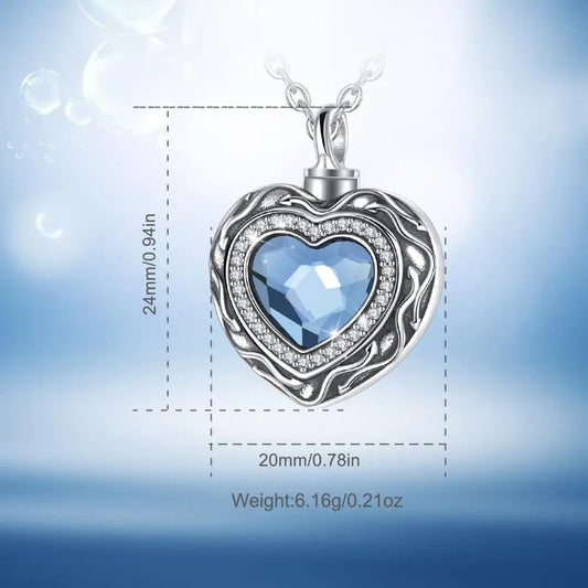 Eudora Sterling Silver Heart Locket Heart cremation memorial ashes urn Blue Crystal birthstone necklace jewelry keepsake CYG004