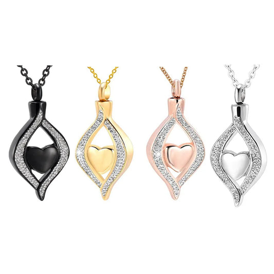 Crystal Teardrop Heart Shaped Urn Pendant Memorial Necklace Stainless Steel Cremation Jewelry for Women Keepsake Ash Locket