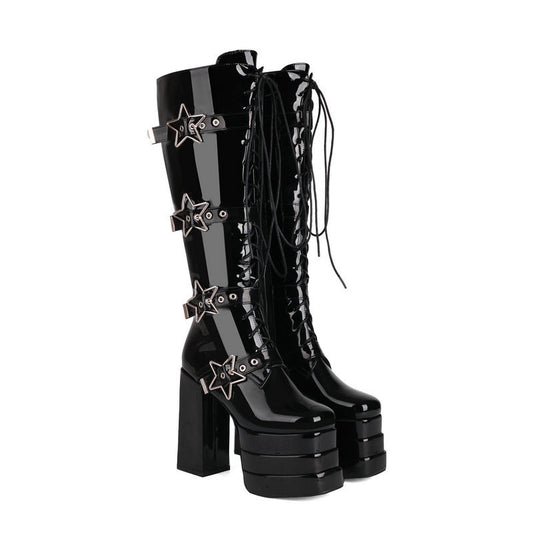 Thick High Heel Star Design Locking Buckle Front Lace-up Knee Length Punk Boots