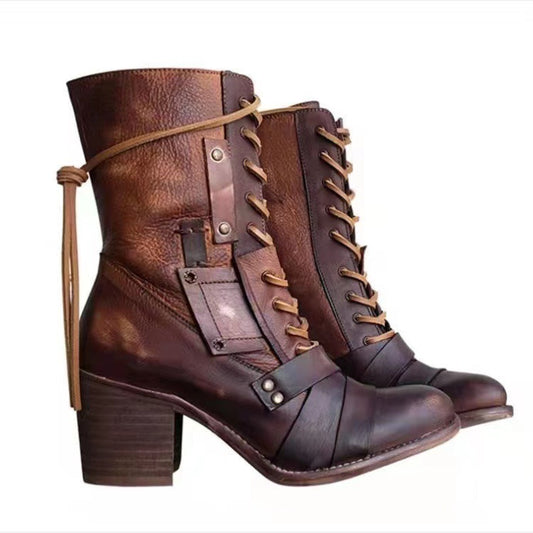 Steampunk-Stiefel mit hohem Absatz und spitzer Zehenpartie in Wadenlänge 