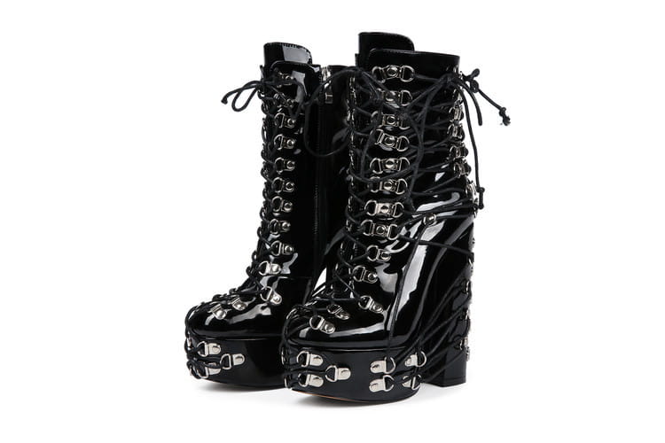Ladies Multi Buckle Studded Platform Punk Boots Patent Lace