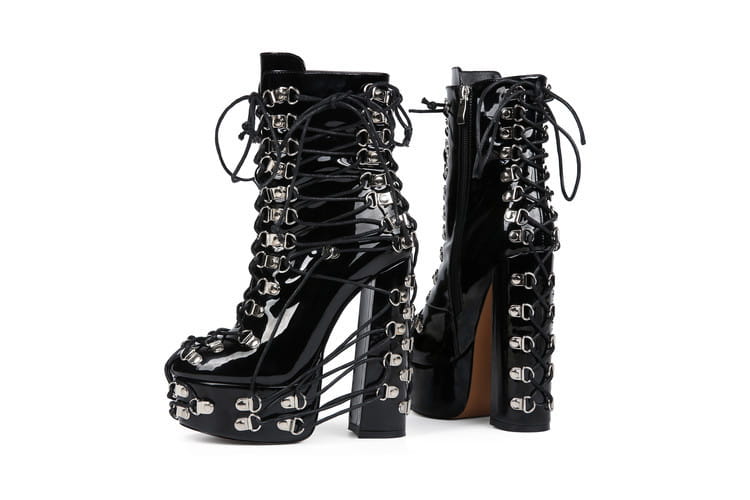 Ladies Multi Buckle Studded Platform Punk Boots Patent Lace
