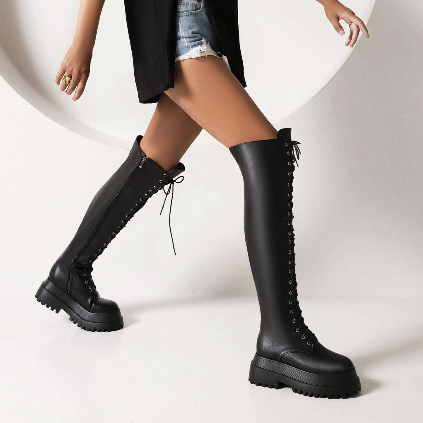 Ladies Knee High Punk Lace-up Round Toe Steampunk Style  Boots