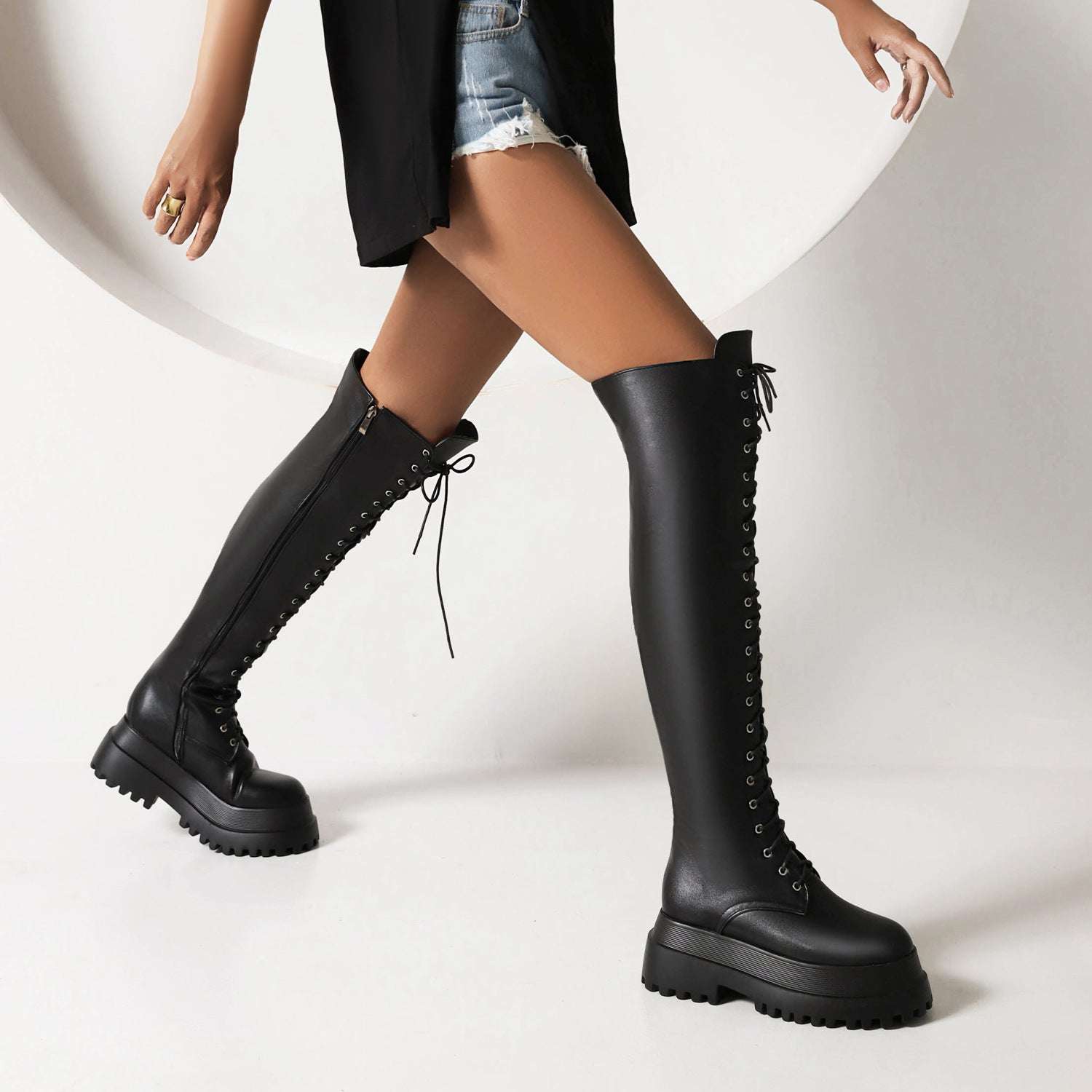 Ladies Knee High Punk Lace-up Round Toe Steampunk Style  Boots