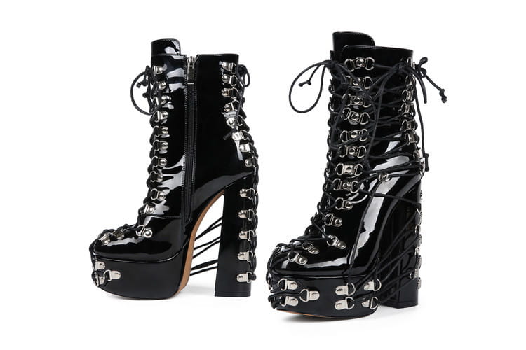 Ladies Multi Buckle Studded Platform Punk Boots Patent Lace