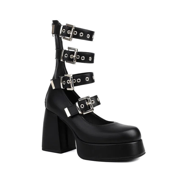 Schuhe mit mehreren Schnallen, klobigem High Heel und quadratischer Zehenpartie 