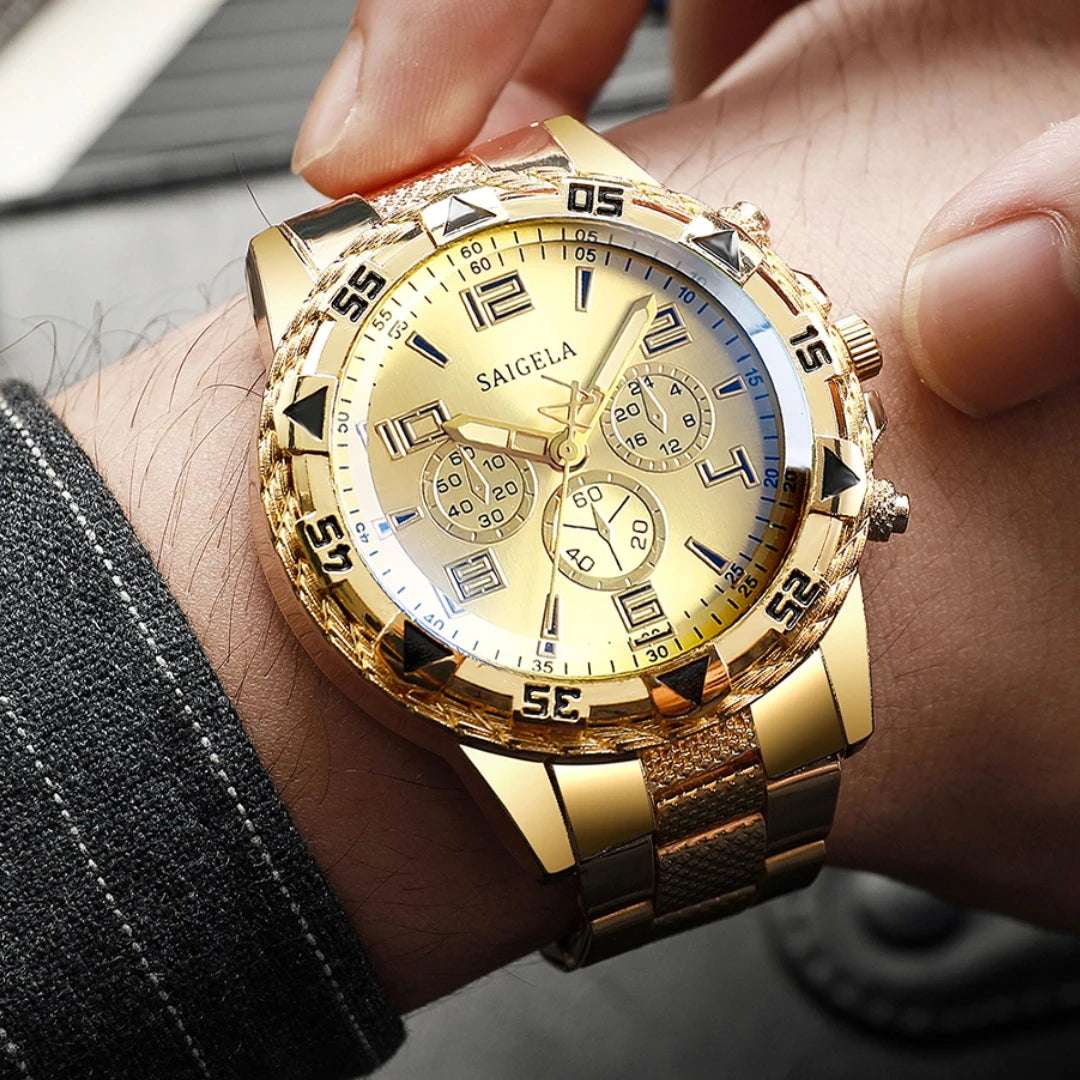 2Pc Fashion Men's Watch Set Round Case Steel Strap Quartz Watch Set (Box Not Included)