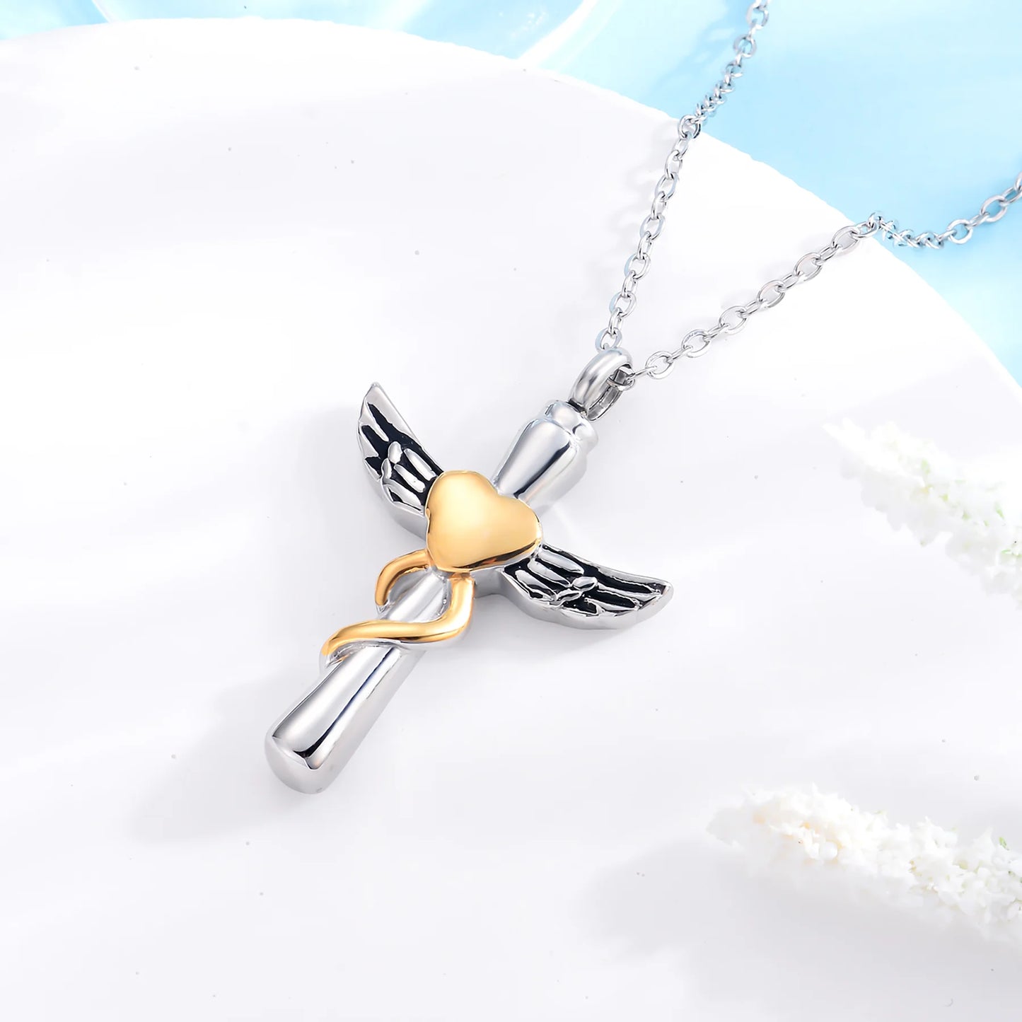 Cross with heart Urn Necklace Stainless Steel Cross Cremation Pendant For Ashes Keepsake Jewelry For Men with funnel