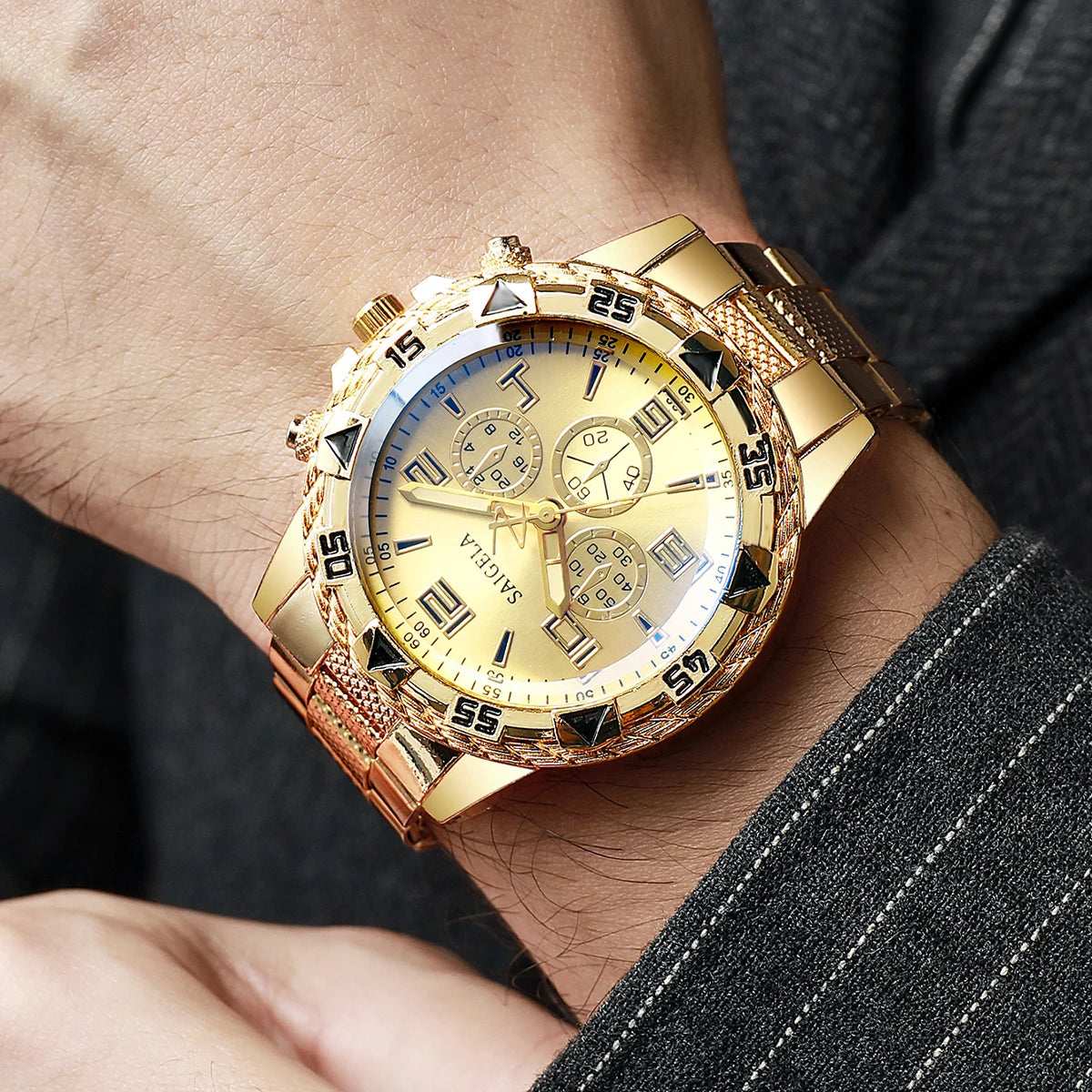 2Pc Fashion Men's Watch Set Round Case Steel Strap Quartz Watch Set (Box Not Included)