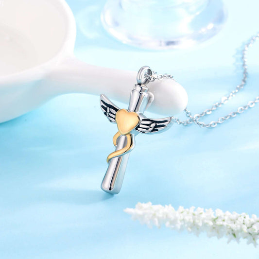 Cross with heart Urn Necklace Stainless Steel Cross Cremation Pendant For Ashes Keepsake Jewelry For Men with funnel