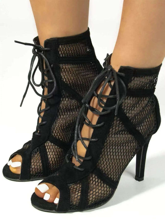 Womens High Heel Lace Up Mesh Design Open Toe Summer Boots