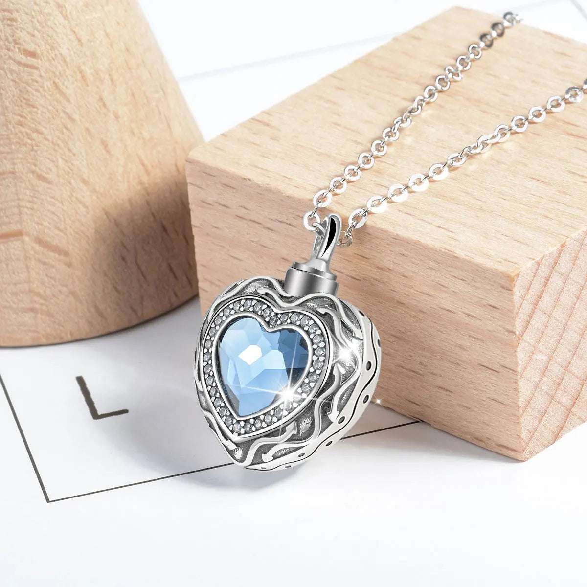 Eudora Sterling Silver Heart Locket Heart cremation memorial ashes urn Blue Crystal birthstone necklace jewelry keepsake CYG004