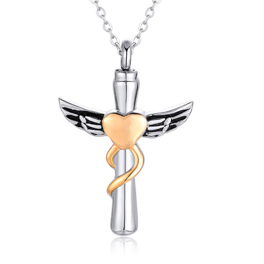 Cross with heart Urn Necklace Stainless Steel Cross Cremation Pendant For Ashes Keepsake Jewelry For Men with funnel