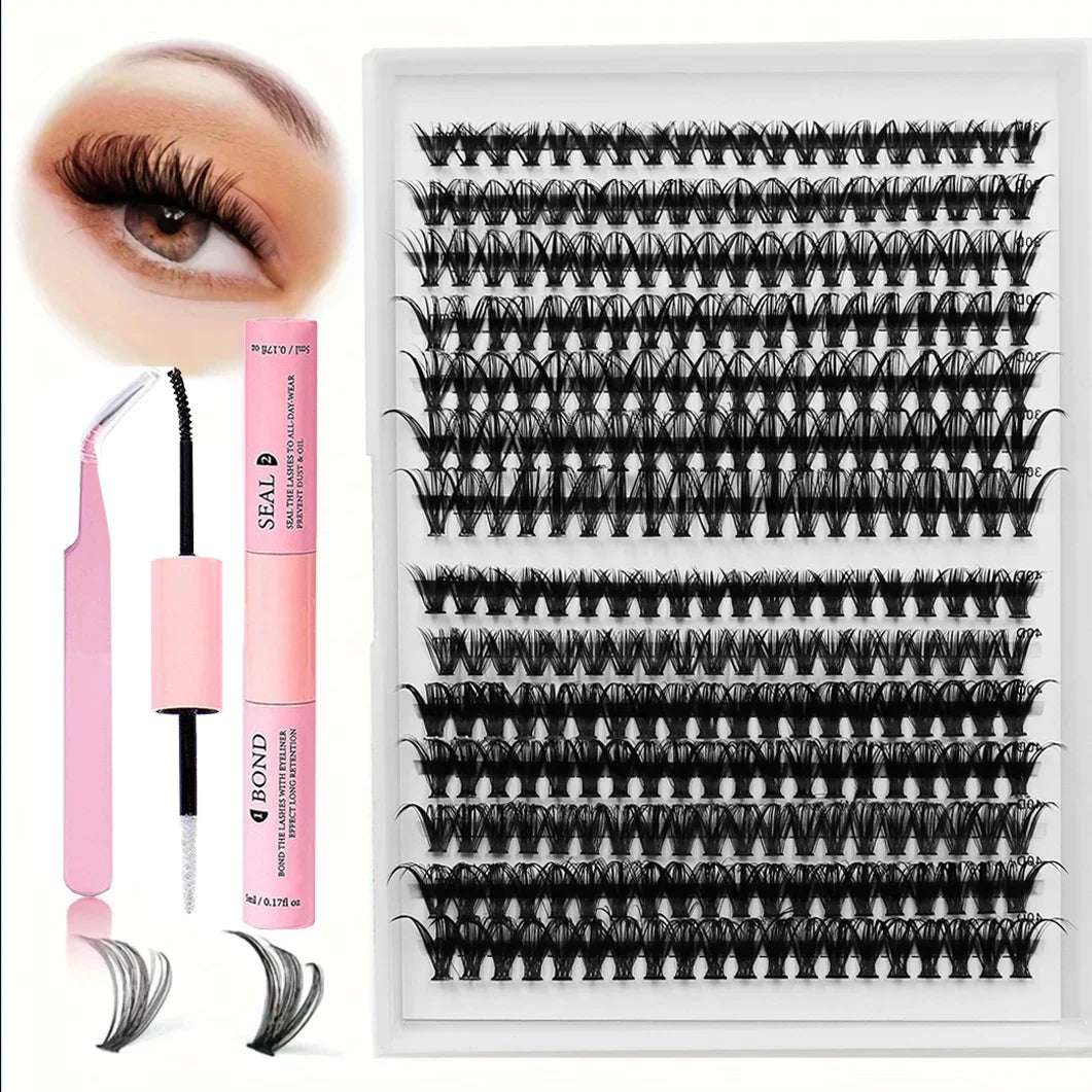 Cluster Eyelash Set D Curl, 8-16mm Clusters with Bond, Seal and Lash Applicator Tool