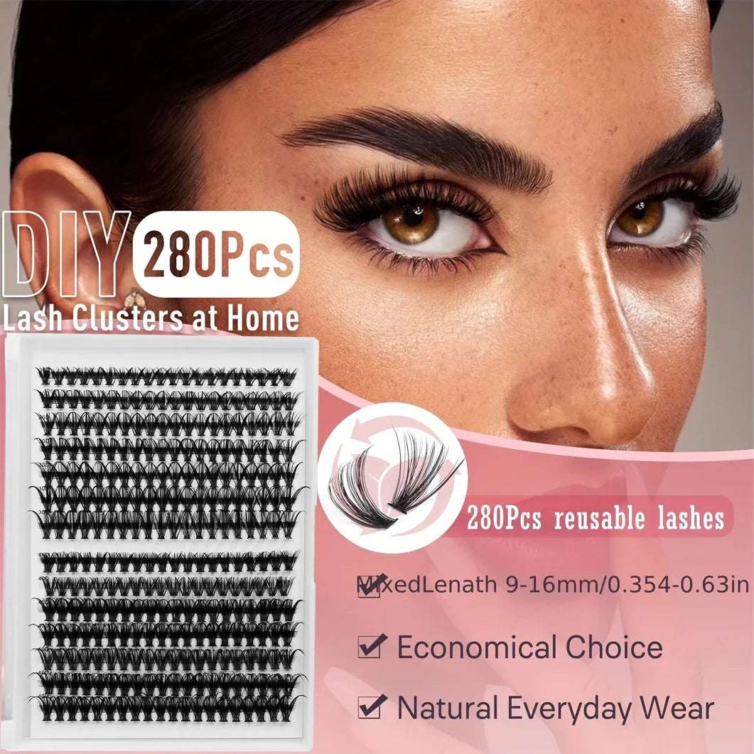 Cluster Eyelash Set D Curl, 8-16mm Clusters with Bond, Seal and Lash Applicator Tool