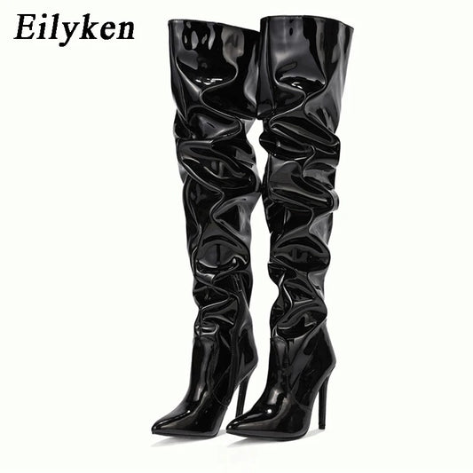 Womens Over The Knee High Heel Pointed Toe Stiletto Side Zip Patent Boots