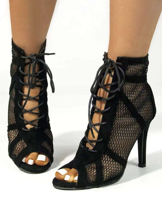 Womens High Heel Lace Up Mesh Design Open Toe Summer Boots