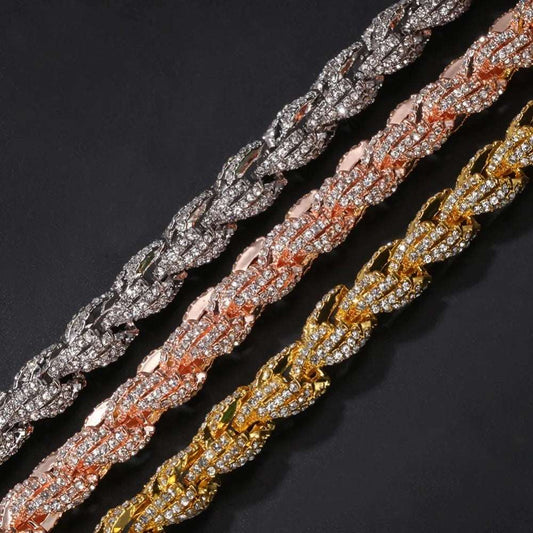 Unisex 9mm Thick Iced Out Hiphop Rope Chain Necklace Silver, Gold Or Rose Gold