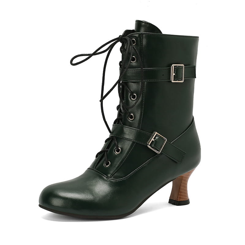 Dunkelgrüne Stiefeletten aus Leder mit mittlerem Absatz, Schnürung, Schnallenriemen und gebogenem Absatz.