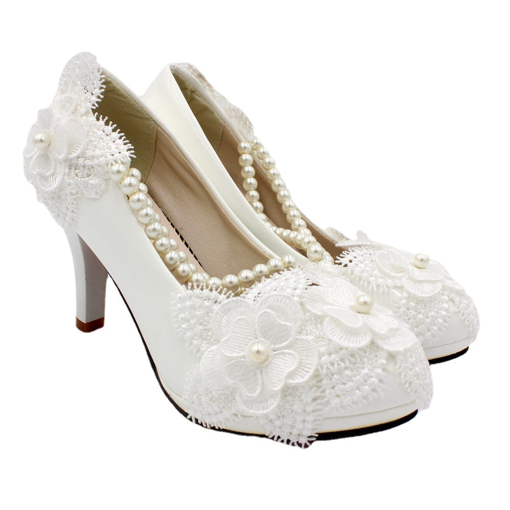 Elegant White Wedding Shoes with Pearl Strap and High Heel