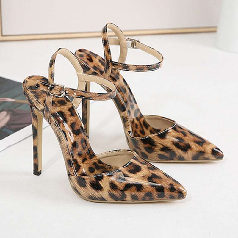 Stiletto Leopard Print Patent Leather Shallow Mouth Pointed Women's High Heels