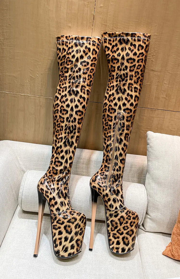 Bottes à talons hauts extensibles imprimées léopard