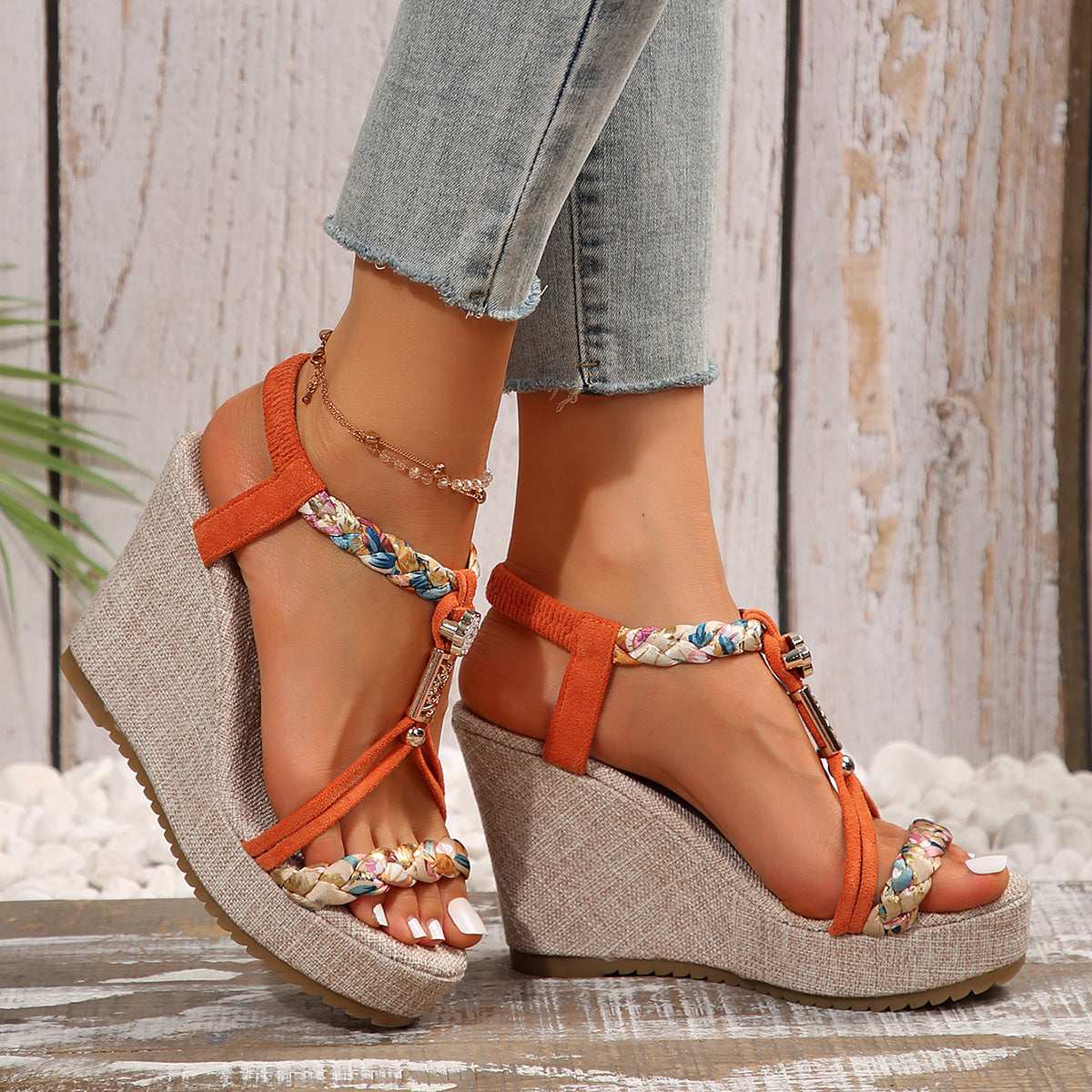 Women's Open Toe Fabric Woven Strappy Platform Sandals