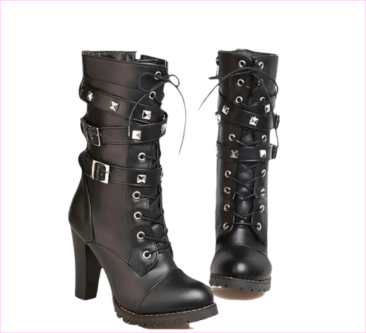 Black leather high-heeled combat boots with laces and buckle straps.