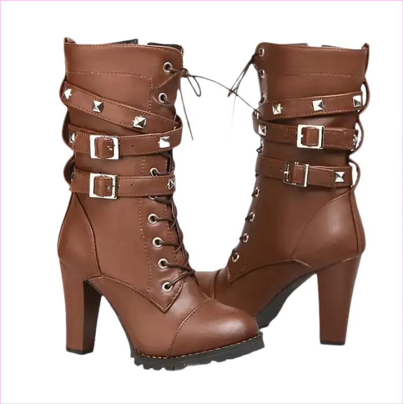 Pair of brown leather high-heeled combat boots with multiple buckles and laces.